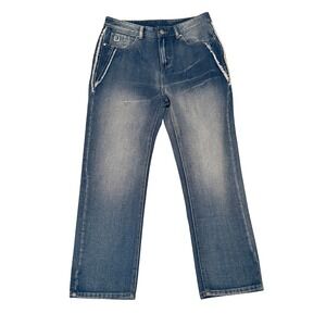 SHEILAY Straight Leg Jeans Womens L Blue American Flag Frayed Trim Denim